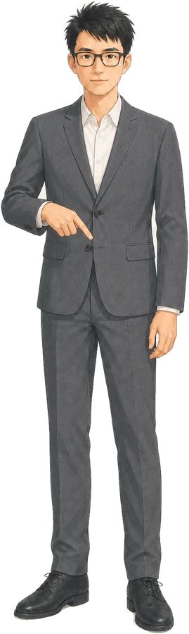 Die gezeichnete Figur Xiaozhong im Anzug, erklärend