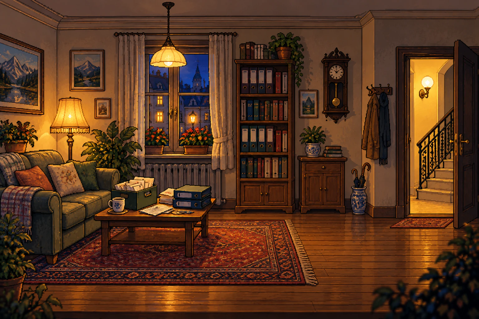 Ein Wohnzimmer am Abend: ein Sofa, auf dem Couchtisch eine Schachtel voller Papiere und zwei Aktenordner, ein Regal voller Ordner, eine Pendeluhr. Die Wohnungstür steht offen.