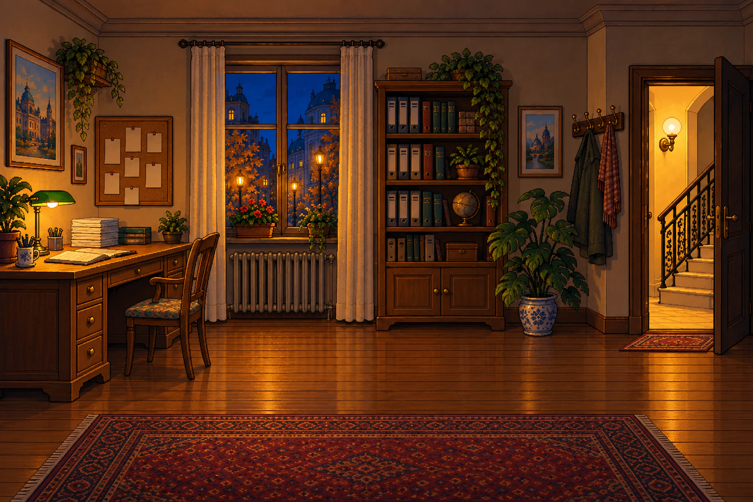 Mein Arbeitszimmer am Abend: ein Schreibtisch mit grüner Lampe, Stapeln von Briefen, einem aufgeschlagenen Heft und einer Kaffeetasse, ein Regal mit Aktenordnern, ein Fenster zur Gasse. Die Wohnungstür steht offen.