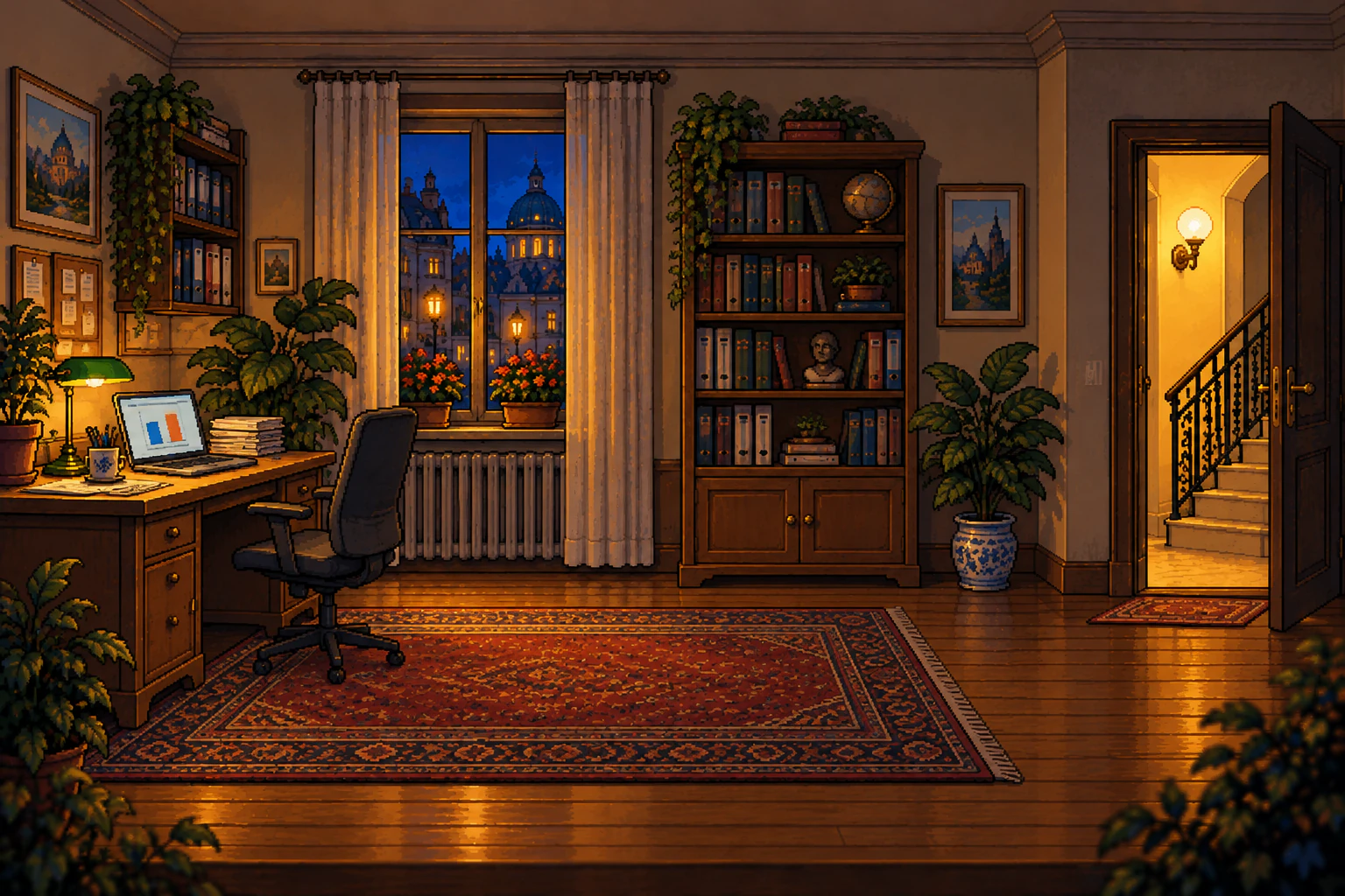 Ein Arbeitszimmer am Abend: ein Schreibtisch mit Laptop, einem Stapel Papiere und einer Tasse Tee, ein Bücherregal, eine große Zimmerpflanze. Die Wohnungstür steht offen.