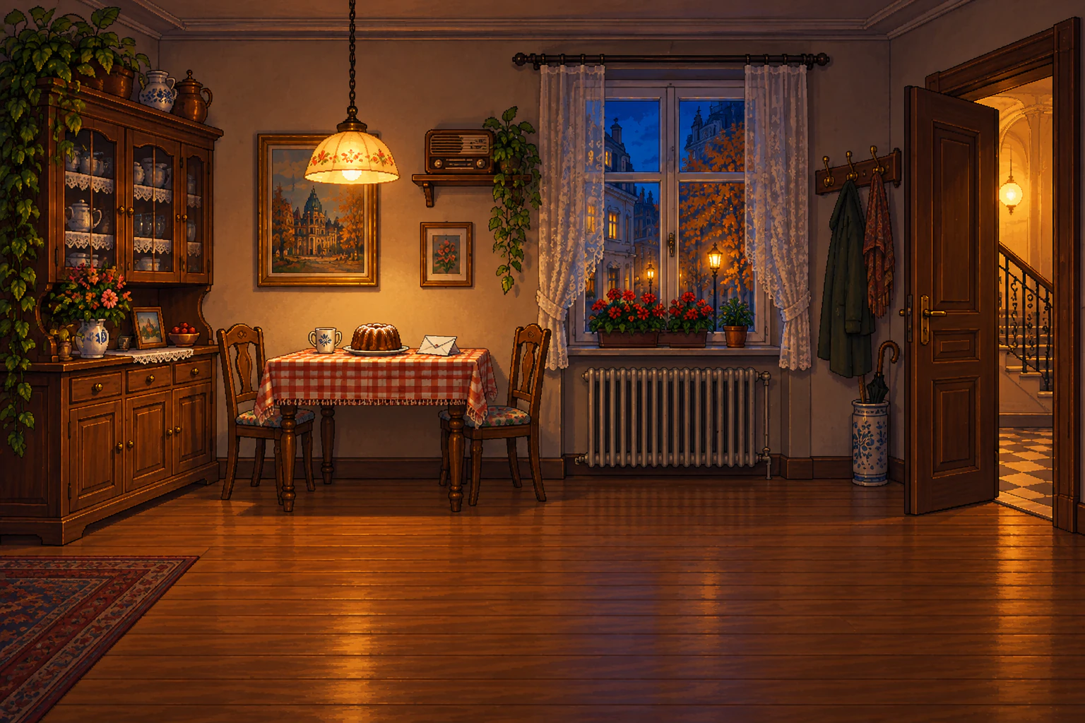 Eine Wiener Wohnküche am Abend: ein Küchenbuffet, ein Tisch mit karierter Decke, darauf Kaffee, ein Gugelhupf und ein geöffneter Briefumschlag. Die Wohnungstür steht offen.
